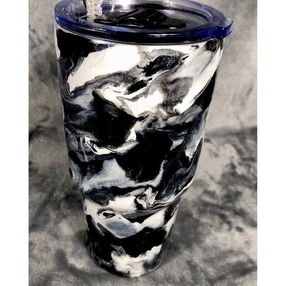 Alcohol Ink Tumbler 30oz Black/White Insulated Stainless Steel With Lid Cup - Picture 3 of 6